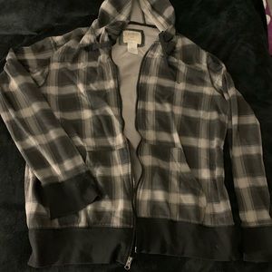 plaid zip up jacket, large, slightly worn
